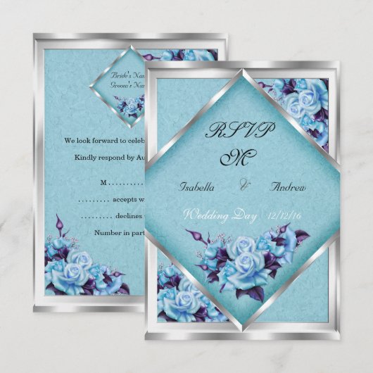 Invitation Faire part de mariage Rose Fleurs Teal Violet Arge (Devant / Derrière)