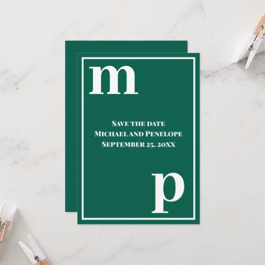 Invitation Faire part de mariage tendance à monogramme vert é (Devant/Arrière en situation)