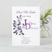 Invitation Faire part de mariage violet avec motif de feuille (Debout devant)