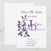 Invitation Faire part de mariage violet avec motif de feuille (Devant / Derrière)