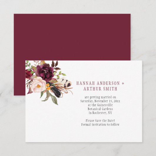 Invitation Faire part de Marsala Boho Florals (Devant / Derrière)