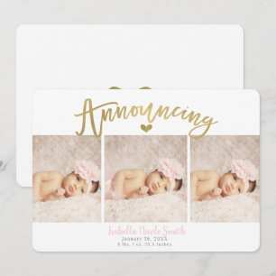 Invitation Faire part de naissance Bébé fille au cœur d'or 3