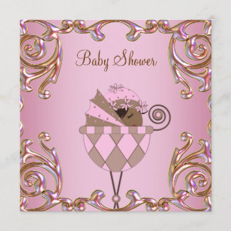 Invitation Faire part de naissance bébé fille Rose Marron Or