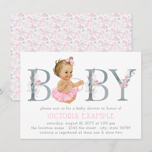 Invitation Faire part de naissance bébé fille tutu rose gris (Devant / Derrière)