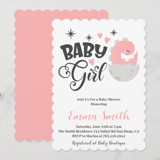 Invitation Faire part de naissance dinosaure pour bébé fille (Devant / Derrière)