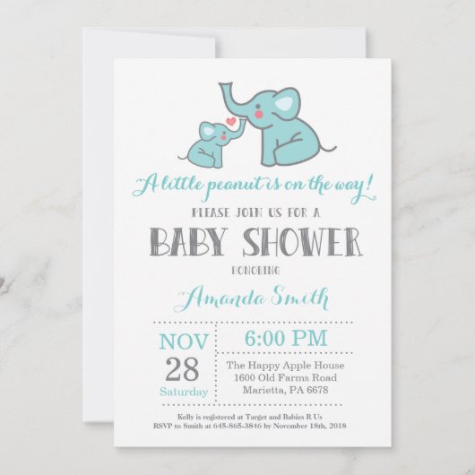Invitation Faire part de naissance éléphant Aqua et Gris (Devant)