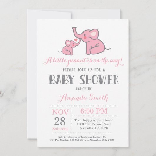 Invitation Faire part de naissance éléphant Rose et Gris (Devant)