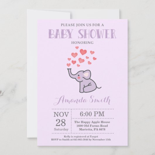 Invitation Faire part de naissance éléphant violet et gris (Devant)