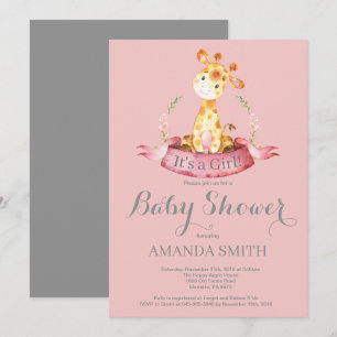 Invitation Faire part de naissance girafe fille rose et gris