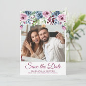 Invitation Faire part de photo de mariage bleu marine et flor (Debout devant)