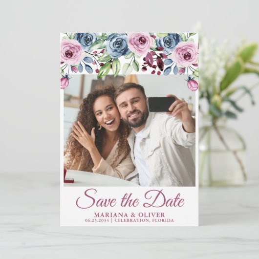 Invitation Faire part de photo de mariage bleu marine et flor (Debout devant)