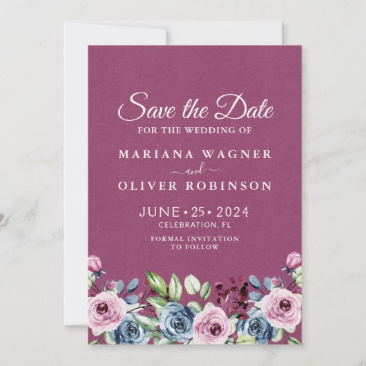 Invitation Faire part de photo de mariage bleu marine et flor (Dos)