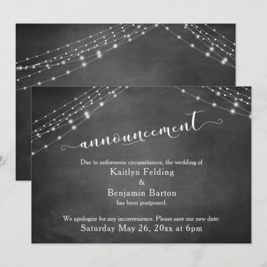 Invitation Faire part de report de mariage Chalkboard Lights (Devant / Derrière)
