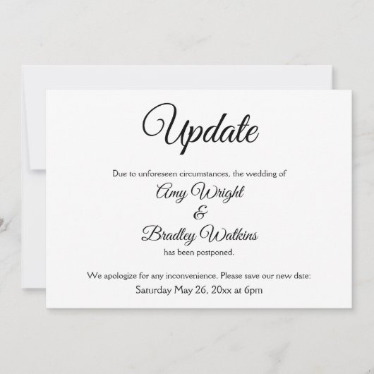 Invitation "Faire-part" élégant de mariage reporté avec mise (Devant)