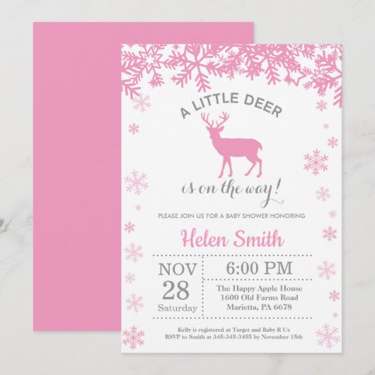 Invitation Faire part Flocon de Neige Fête de Bébé Fille Hive (Devant / Derrière)