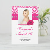 Invitation Faire part Roses roses et Damask Diamond Bling (Debout devant)
