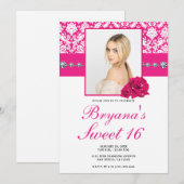 Invitation Faire part Roses roses et Damask Diamond Bling (Devant / Derrière)