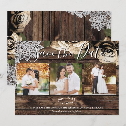 Invitation Faireparts de mariage minimal rustique avec des ro (Devant / Derrière)