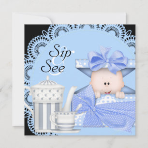Invitation Faireparts pour bébé garçon bleu noir Sip & See