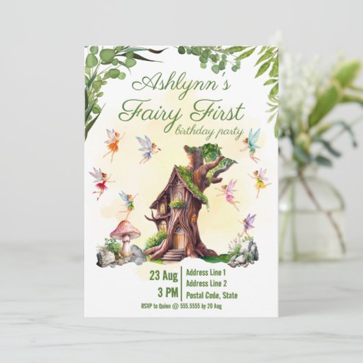 Invitation Fairy 1st Pixie & Treehouse Garden Party Birthday (Debout devant)