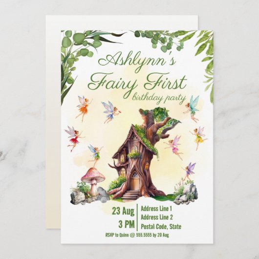 Invitation Fairy 1st Pixie & Treehouse Garden Party Birthday (Devant / Derrière)