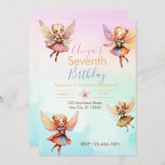 Invitation Fairy Birthday Party (Devant / Derrière)