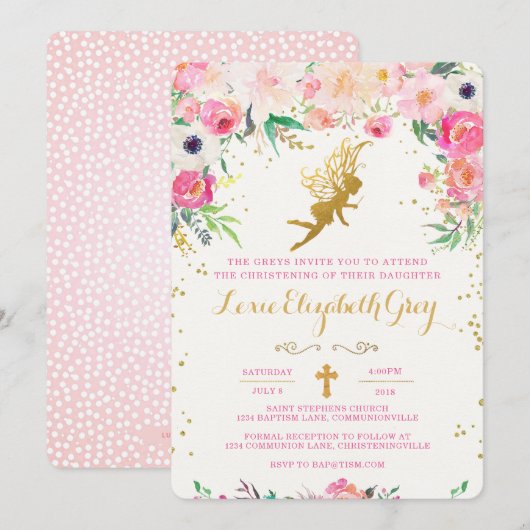 Invitation Fairy Christening Floral (Devant / Derrière)