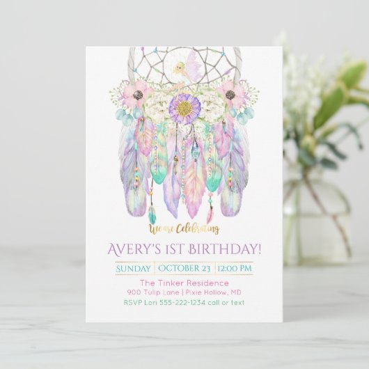 Invitation Fairy Dream Catcher Boho Feathers Flèches (Debout devant)