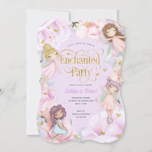 Invitation Fairy Enchanted Party, Jardin Flower fille anniver (Devant)
