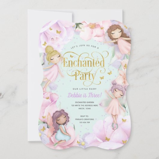 Invitation Fairy Enchanted Party, Jardin Flower fille anniver (Devant)