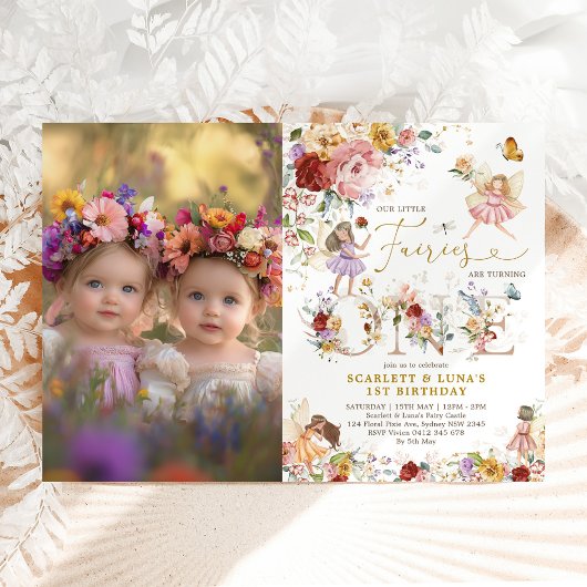 Invitation Fairy First 1er Anniversaire Twin Girls Floral Gar