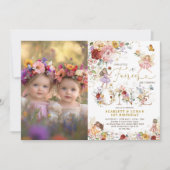 Invitation Fairy First 1er Anniversaire Twin Girls Floral Gar (Devant)
