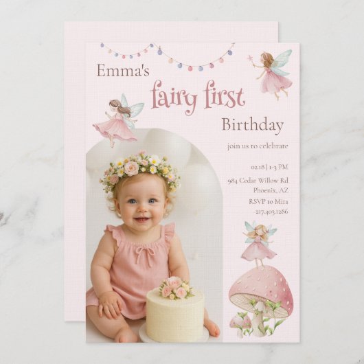 Invitation Fairy First 1st Birthday Enchanted Magical (Devant / Derrière)