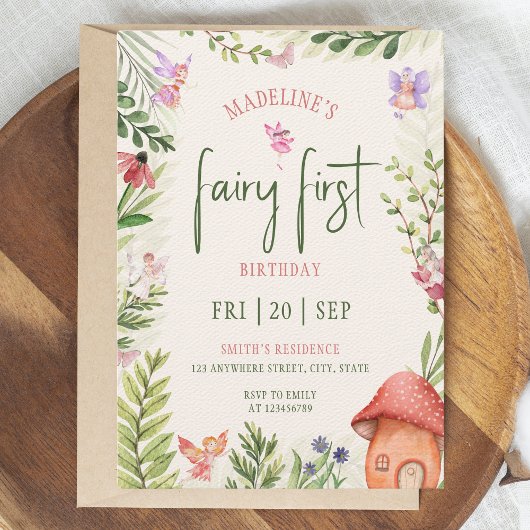 Invitation Fairy First Birday Forest Aquarelle Champagne