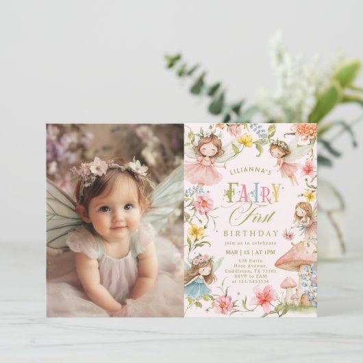 Invitation Fairy First Birthday Colorful Enchanted Photo (Debout devant)
