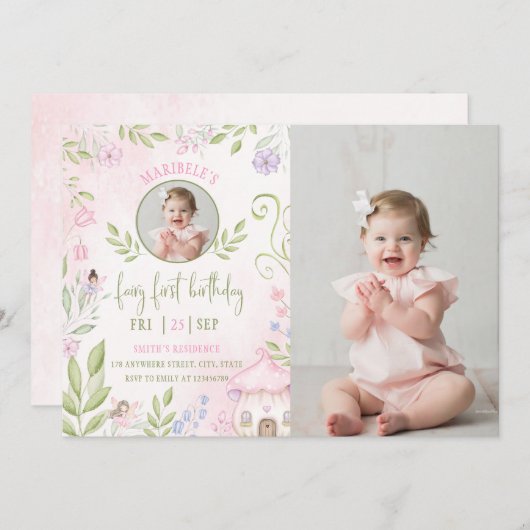 Invitation Fairy First Birthday Forest Champignons Photo (Devant / Derrière)