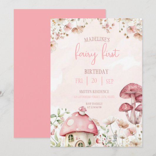 Invitation Fairy First Birthday Forest Watercolor Mushroom (Devant / Derrière)