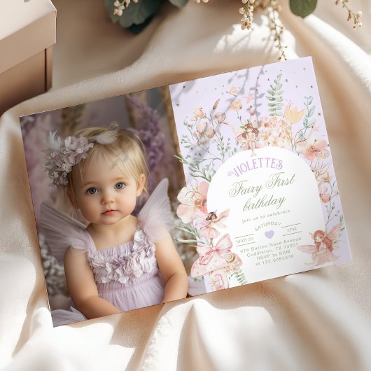 Invitation Fairy First Birthday Pastel Lilac Whimsical Photo