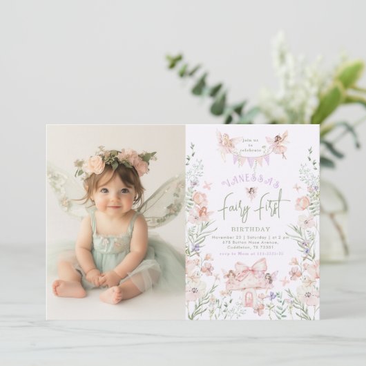 Invitation Fairy First Birthday Pastel Whimsical Photo (Debout devant)