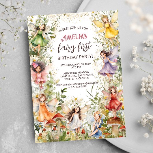 Invitation Fairy First Cute Floral Fairies Girls 1er annivers