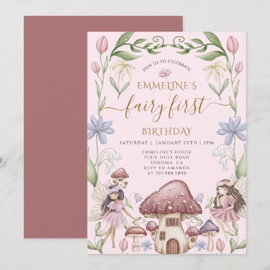 Invitation Fairy First Enchanted Forest Girl 1er anniversaire (Devant / Derrière)