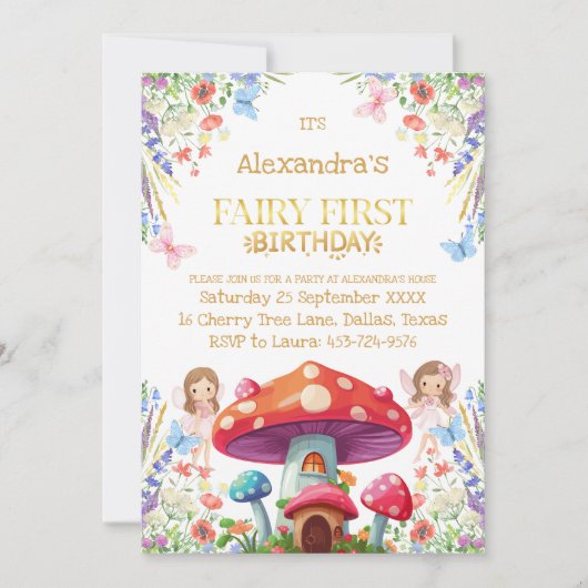Invitation Fairy First Floral Girl 1er Anniversaire (Devant)