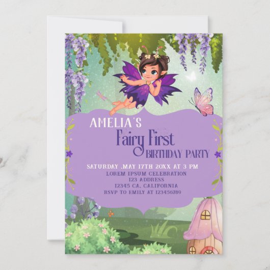 Invitation Fairy First Girl's 1st Birthday Enchanted forest (Devant)
