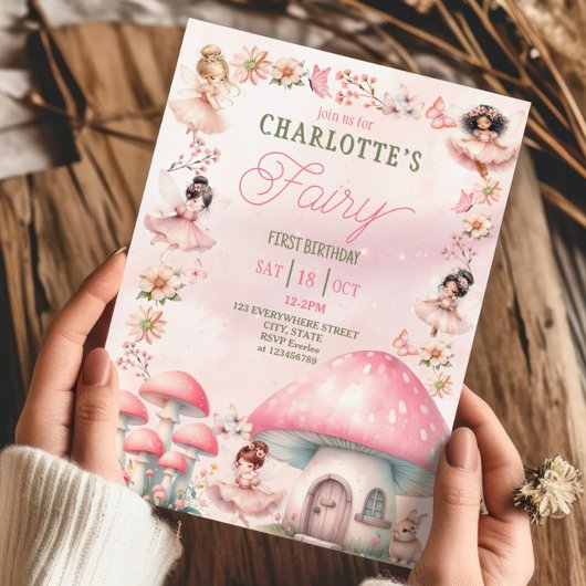 Invitation Fairy First Musroom House Rose Anniversaire