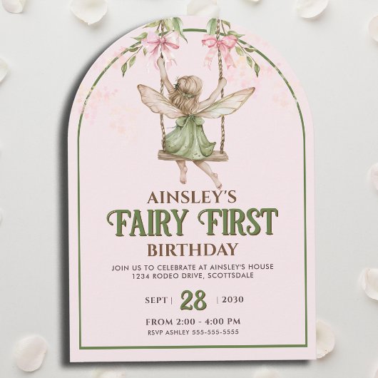 Invitation Fairy First Pastel Pink Bow Girls 1er anniversaire