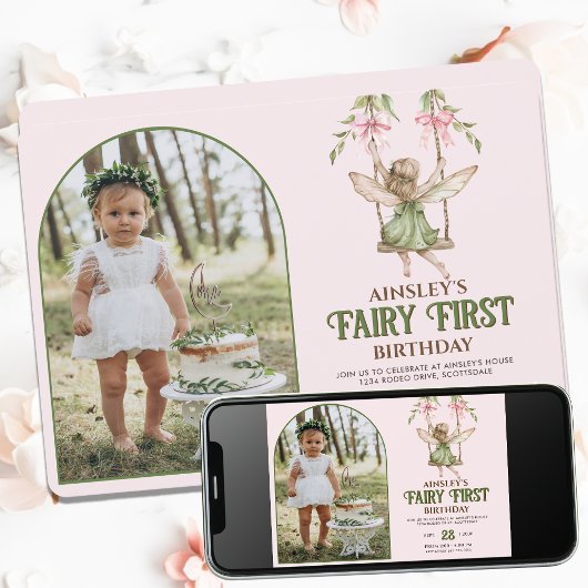 Invitation Fairy First Personnalisé Photo Pink 1er Anniversai