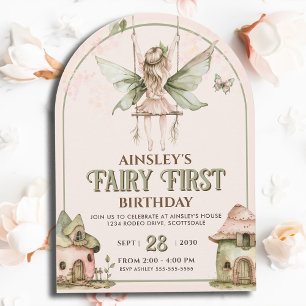 Invitation Fairy First Personnalisé Rose Sage 1er Anniversair