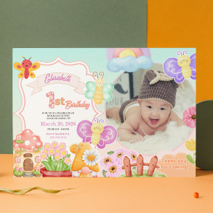 Invitation Fairy First Photo Papillon Rose 1er Anniversaire