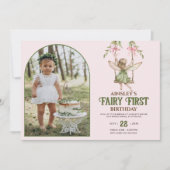 Invitation Fairy First Pink Bow Photo Girls 1er anniversaire (Devant)