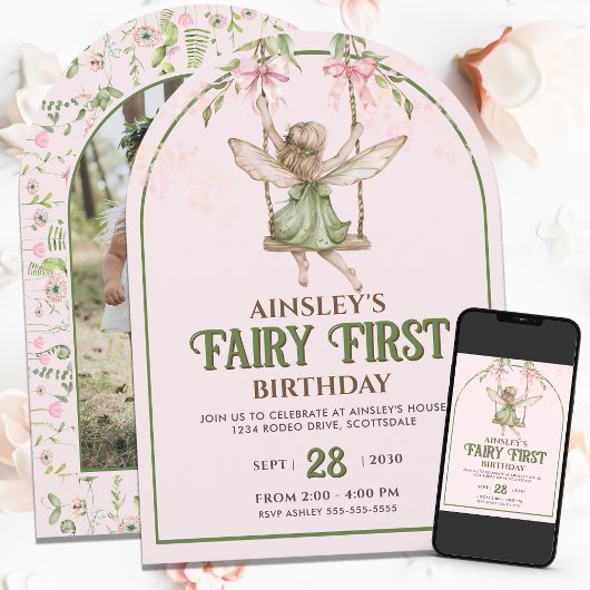 Invitation Fairy First Pink Bow Photo Girls 1er anniversaire